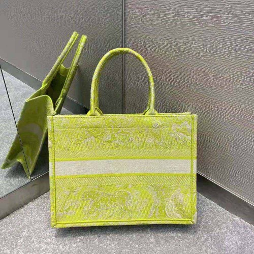 Dior Women Small Dior Book Tote Lime Toile De Jouy Reverse Embroidery