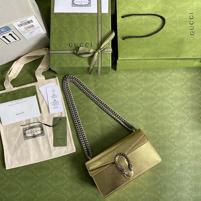 Gucci Women Dionysus Small Shoulder Bag Gold Lamé Leather Tiger Head