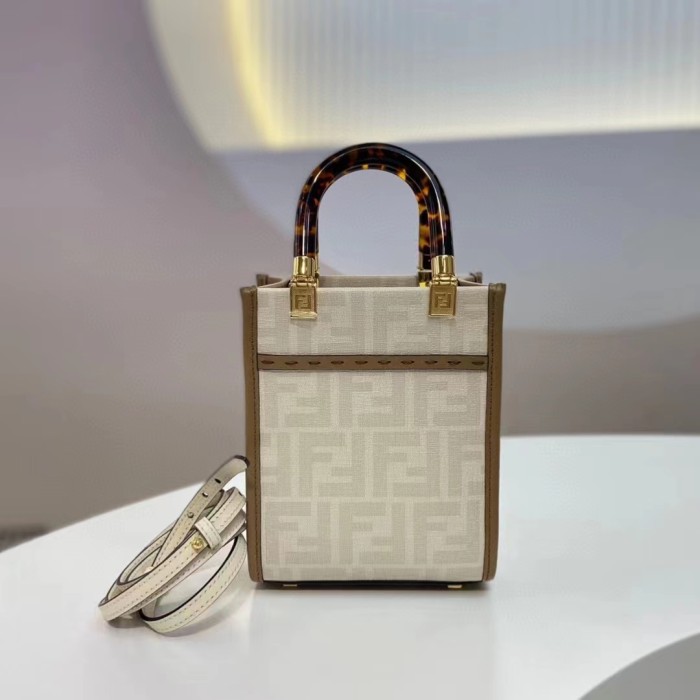 Fendi Women Mini Sunshine Shopper White FF Printed Fabric Mini Bag