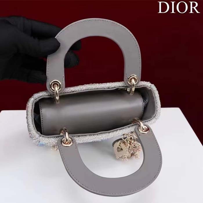 Dior Women Small Lady Dior Bag Gray Smooth Calfskin Satin Bead Embroidery