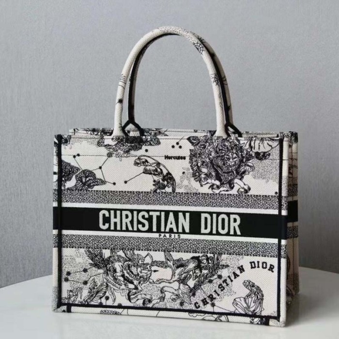 Dior Unisex CD Medium Dior Book Tote Beige Latte Dior Zodiac Embroidery
