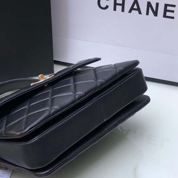 Chanel Women CC Flap Bag Top Handle Lambskin Gold-Tone Metal Black