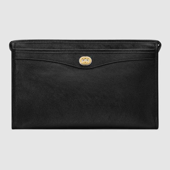 Gucci GG Men Pouch with Interlocking G in Black Soft Leather