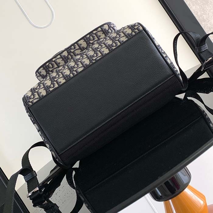 Dior Unisex CD Saddle Backpack Beige Black Dior Oblique Jacquard Black Grained Calfskin