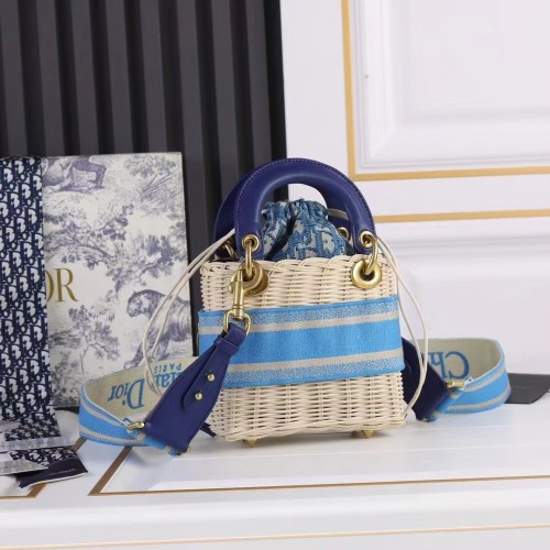 Dior Women CD Mini Lady Dior Handbag Natural Wicker Fluorescent Blue Oblique Jacquard