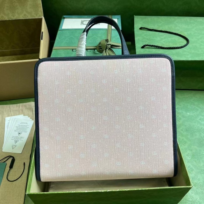 Gucci Unisex Printed Tote Bag Light Pink Double G Stars Supreme Canvas Nylon Lining
