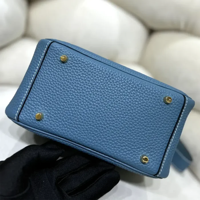 Hermes Women Lindy Mini 19 in Clemence Leather-Blue/Gold