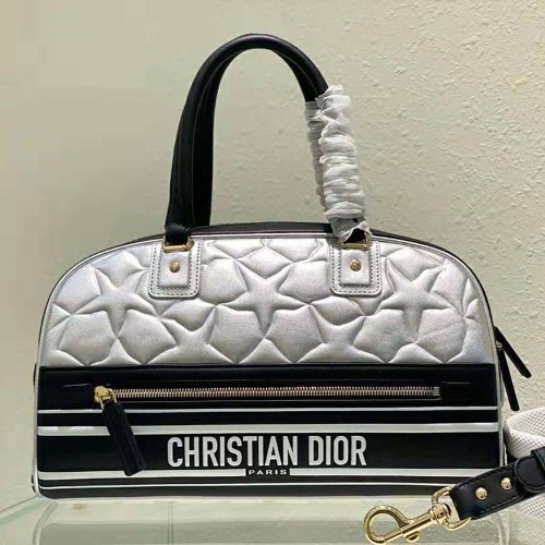 Dior Women Medium Dior Vibe Zip Bowling Bag Black and Silver Padded Dior Etoile Calfskin