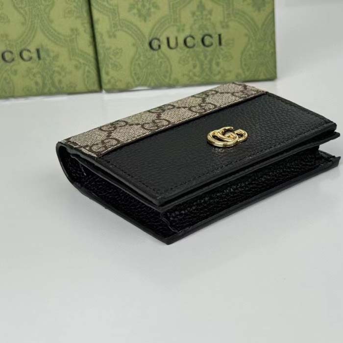 Gucci Unisex GG Marmont Card Case Wallet Double G Beige Ebony GG Supreme Canvas Black Leather Style ‎658610 17WAG 1283