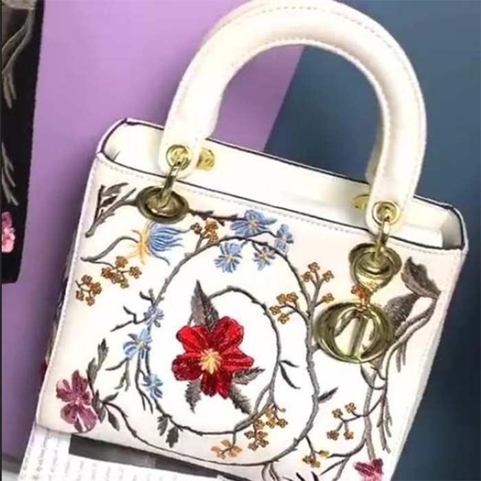 Dior Women CD Small Lady Dior Bag White Multicolor Calfskin Chinese Rose Print Embroidery