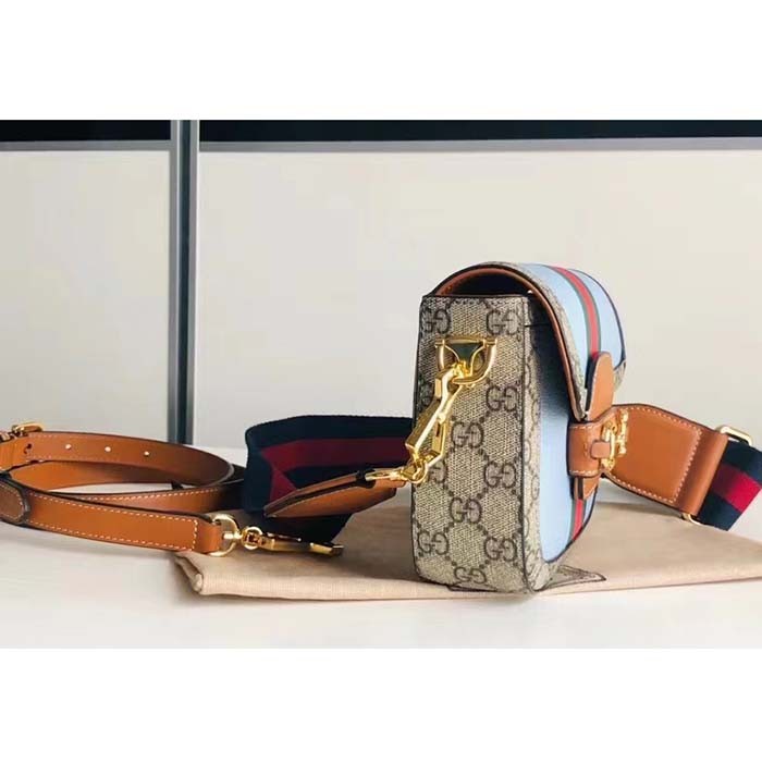 Gucci Women GG Horsebit 1955 Mini Bag Blue Leather Beige Ebony Supreme Canvas