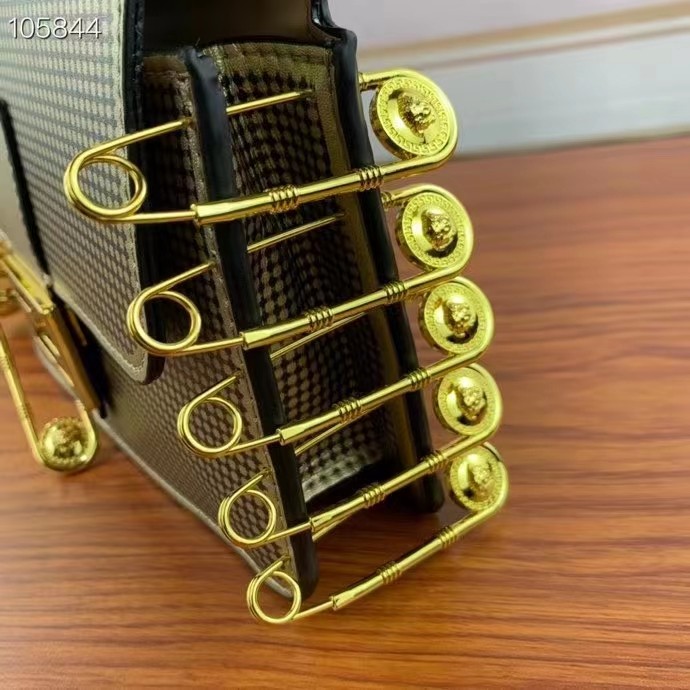 Fendi Women FF Baguette Brooch Fendace Bag Gold Perforated Leather