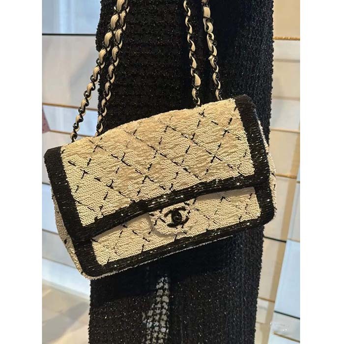 Chanel Women CC Small Flap Bag Sequins Black Metal White Black