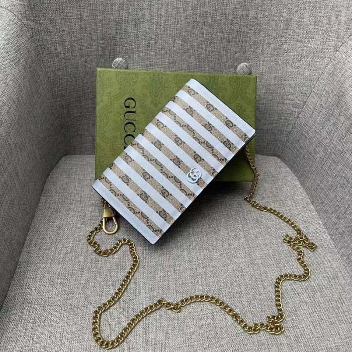 Gucci Women Double G Mini Bag Chain Blue Stripe Print Beige Ebony GG Supreme Canvas