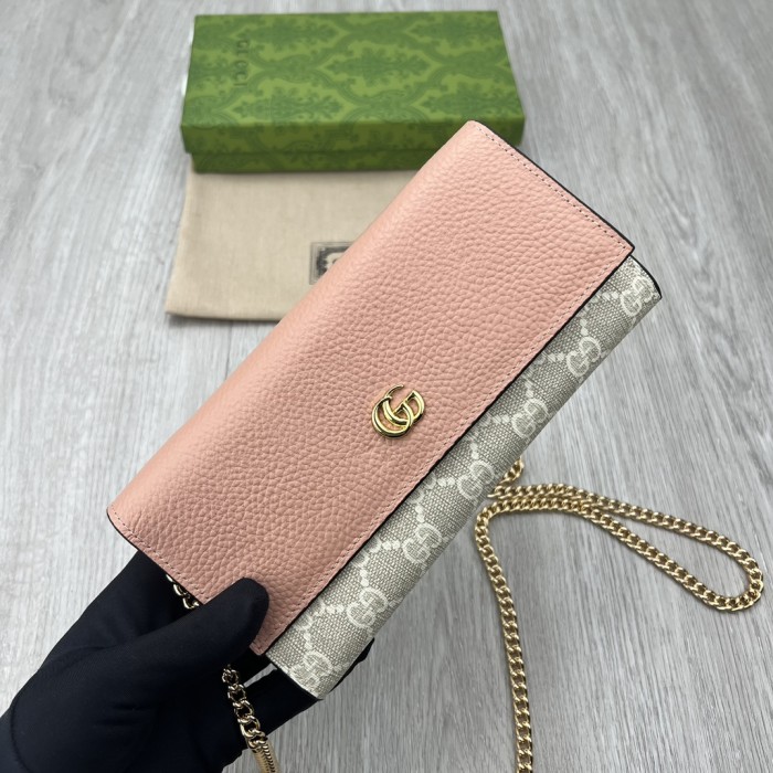Gucci Women GG Marmont Chain Wallet Beige White GG Supreme Canvas Pink Leather