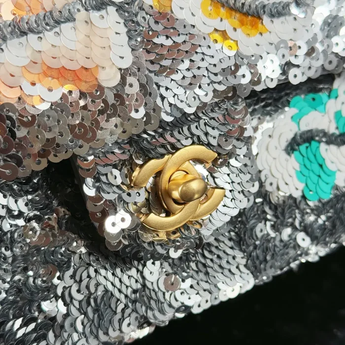 Chanel Women Classic 11.12 Handbag Embroidered Satin Sequins Glass Pearls Silver Tone Metal