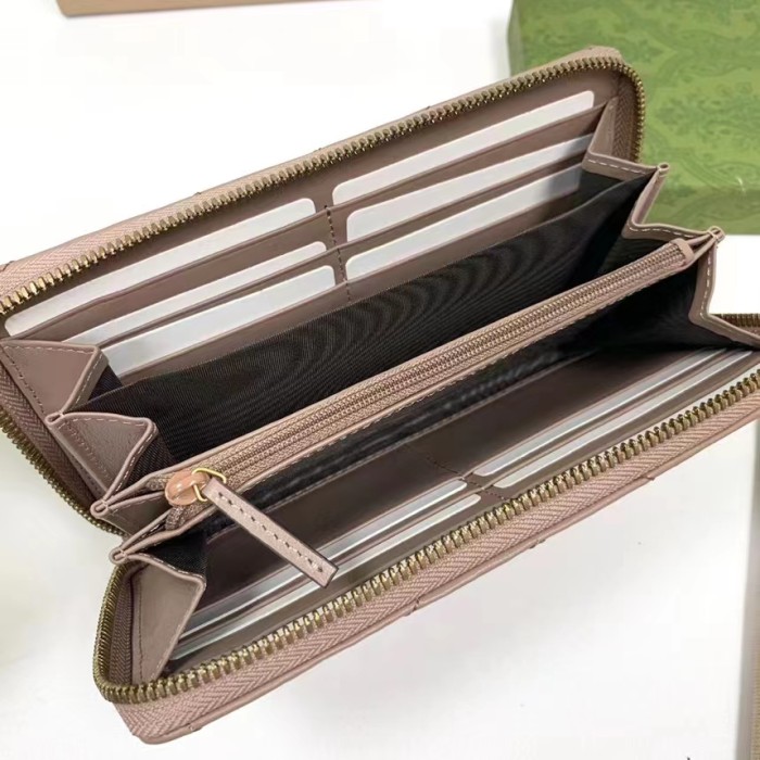 Gucci Unisex GG Marmont Matelassé Zip Around Wallet Rose Beige Chevron Leather