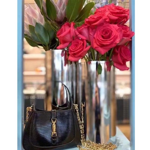 Gucci Women GG Jackie 1961 Lizard Mini Bag Black Lizard Gold-Toned Hardware