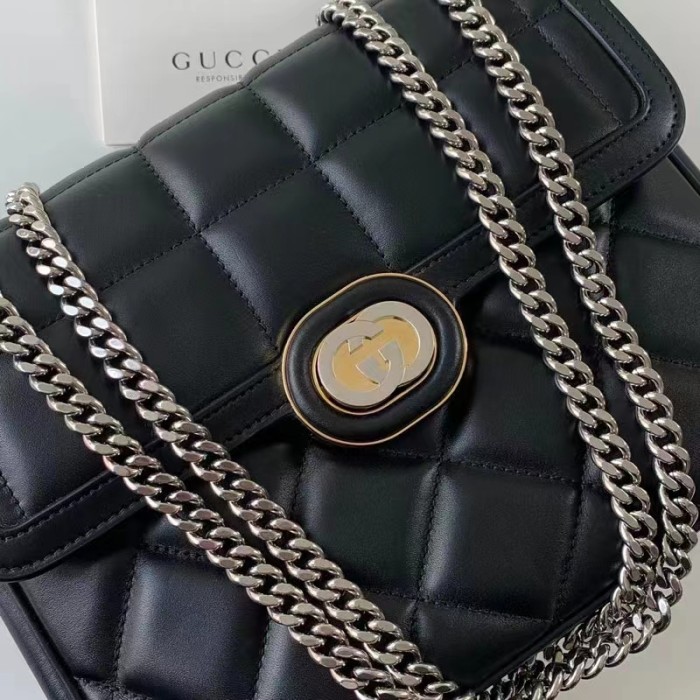 Gucci Women GG Deco Small Shoulder Bag Black Quilted Leather