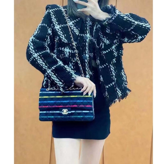 Chanel Women CC Classic Handbag Cotton Gold-Tone Metal Black Multicolor