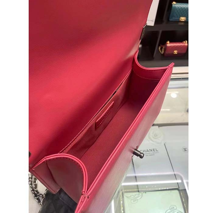 Chanel Women CC Leboy Flap Bag Chain in Calfskin Leather-Red