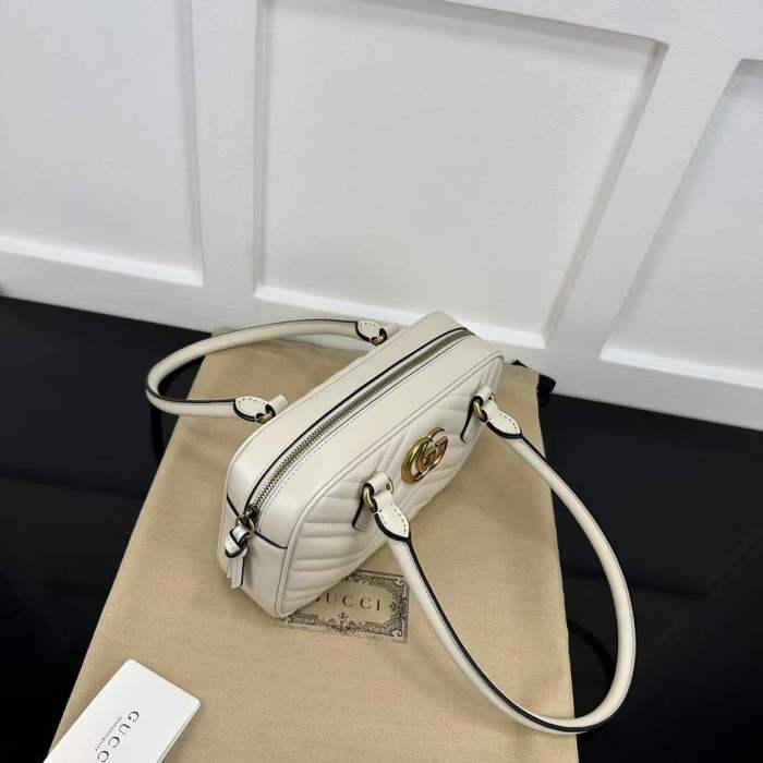 Gucci Women GG Marmont Small Top Handle Bag White Matelassé Leather Chevron