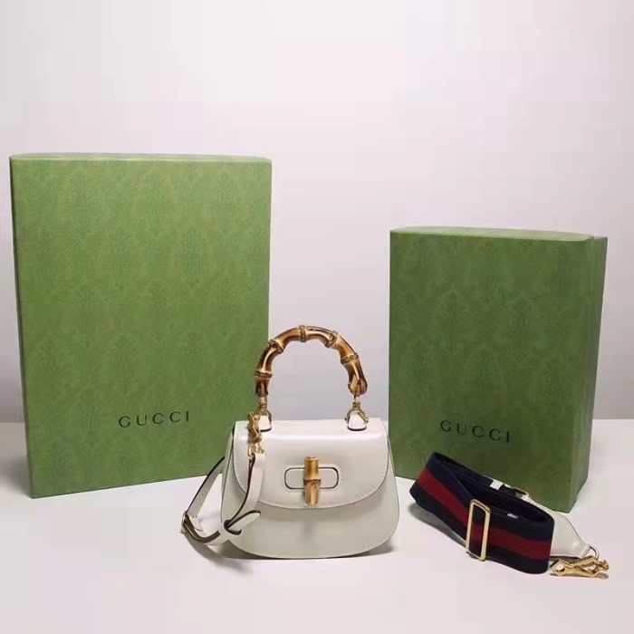 Gucci Women Bamboo 1947 Mini Top Handle Bag White Leather Bamboo Hardware