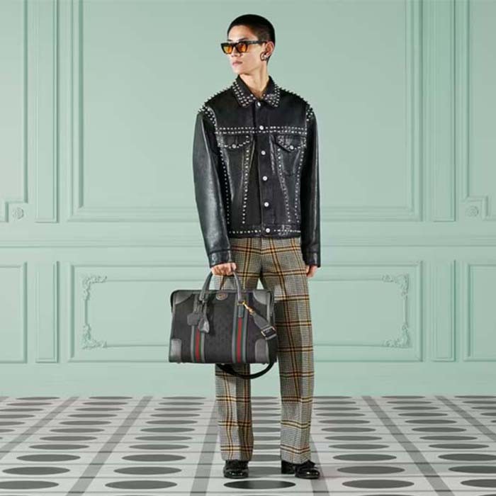 Gucci Unsiex Bauletto Large Duffle Bag Black Original GG Canvas Double G