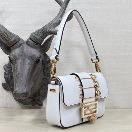 Fendi Women FF Brooch Mini Baguette Fendace White Leather Bag