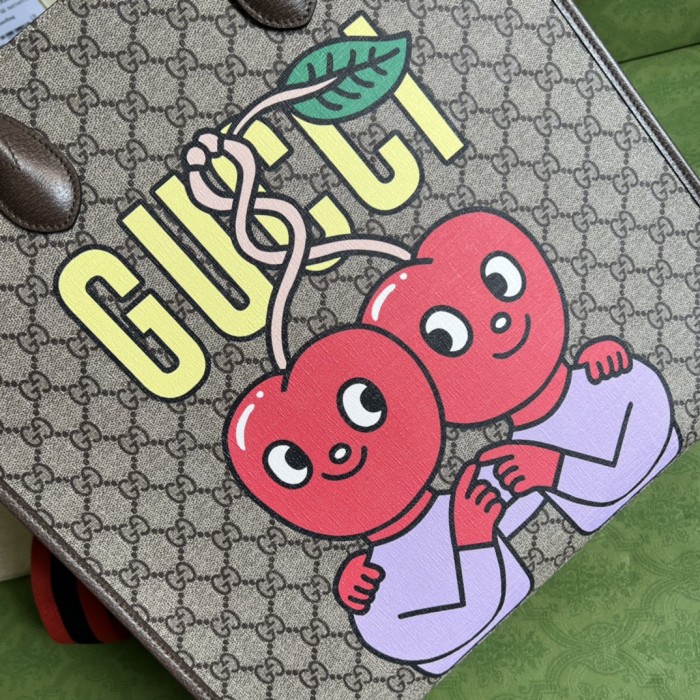 Gucci Unisex GG Cherry Print Medium Tote Beige Ebony GG Supreme Canvas