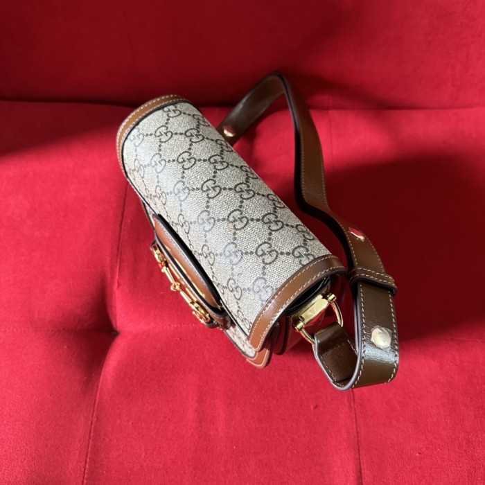 Gucci GG Women Gucci Horsebit 1955 Mini Rounded Bag Beige Ebony GG Supreme Canvas