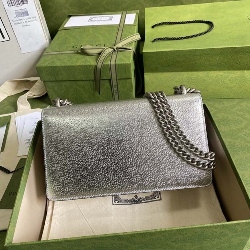 Gucci Women Dionysus Small Shoulder Bag Silver Lamé Leather Tiger Head