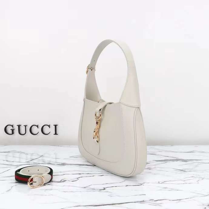 Gucci Women GG Jackie Small Shoulder Bag White Leather Hook Closure