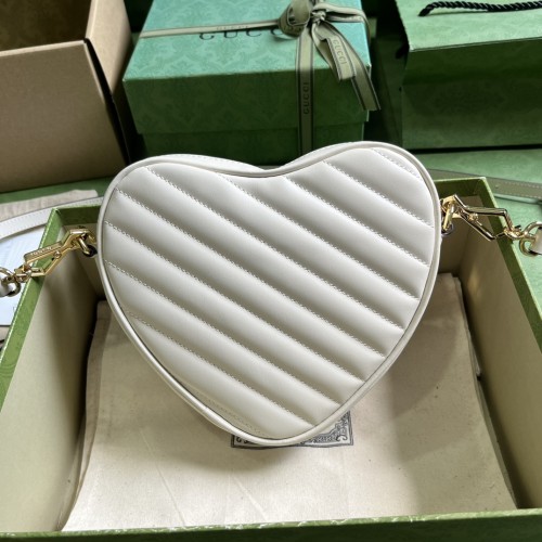 Gucci Women GG Interlocking G Mini Heart Shoulder Bag White Diagonal Matelassé Leather