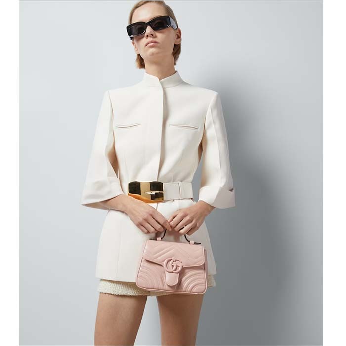 Gucci Women GG Marmont Mini Top Handle Bag Light Pink Matelassé Chevron Leather Heart Double G