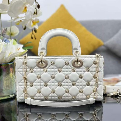 Dior Women CD Medium Lady D-Joy Bag Latte Cannage Lambskin Sun Studs