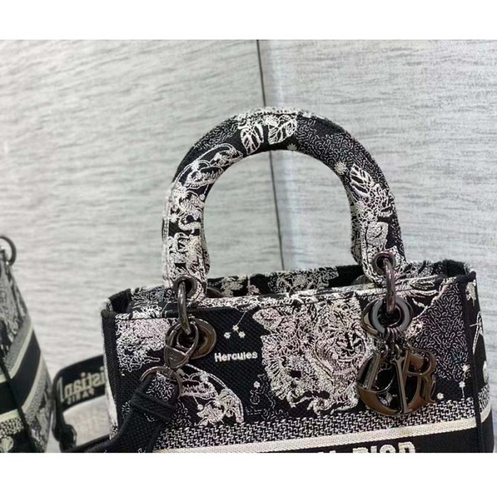 Dior Women CD Medium Lady D-Lite Bag Black Toile De Jouy Zodiac Embroidery