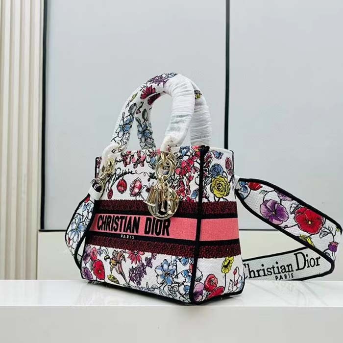 Dior Women CD Medium Lady D-Lite Bag White Multicolor Florilegio Embroidery