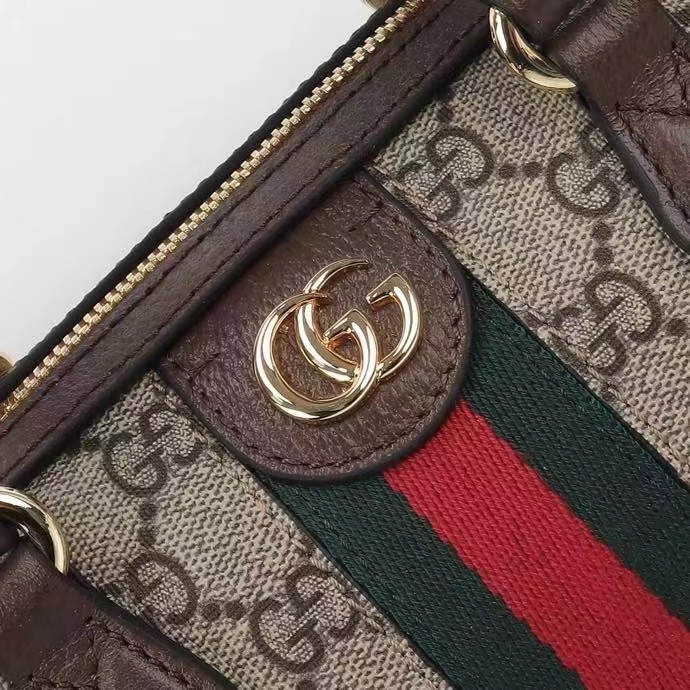Gucci GG Unisex Ophidia GG Mini Top Handle Bag Beige Ebony GG Supreme Canvas Brown Leather