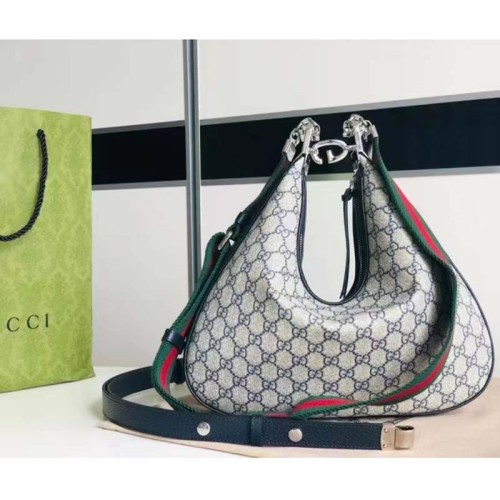 Gucci Women GG Attache Large Shoulder Bag Beige Blue GG Supreme Canvas