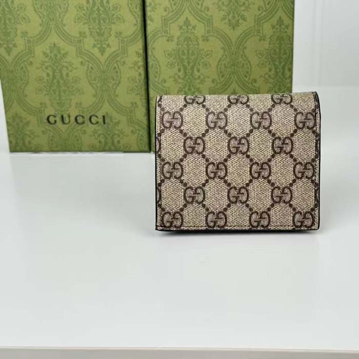 Gucci Unisex GG Marmont Card Case Wallet Double G Beige Ebony GG Supreme Canvas Black Leather Style ‎658610 17WAG 1283