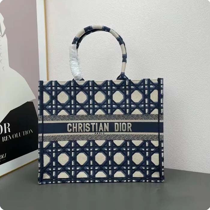 Dior Unisex CD Large Dior Book Tote Beige Blue Macrocannage Embroidery