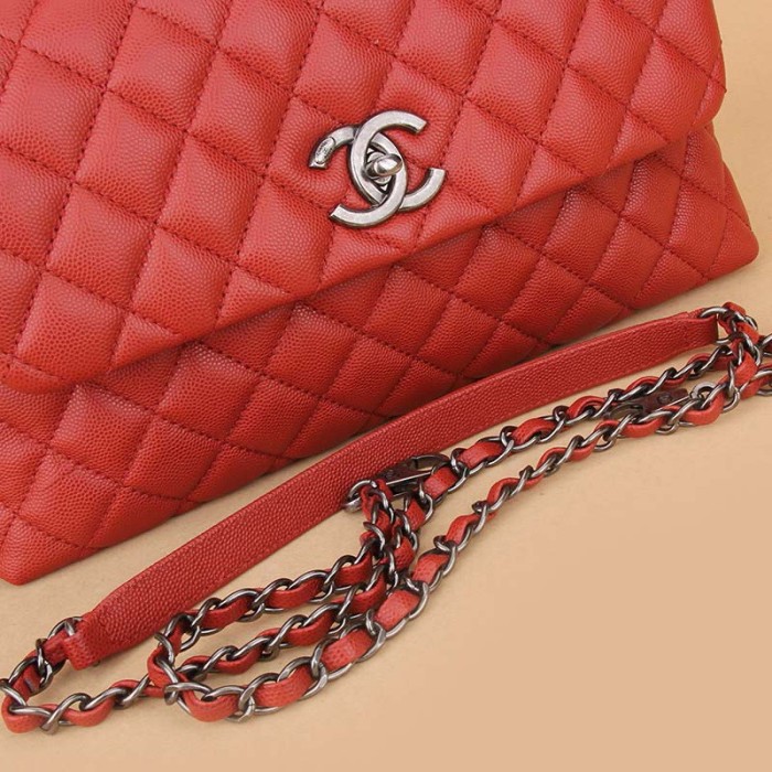 Chanel Women Flap Bag with Top Handle in Grained Calfskin Leather-Red