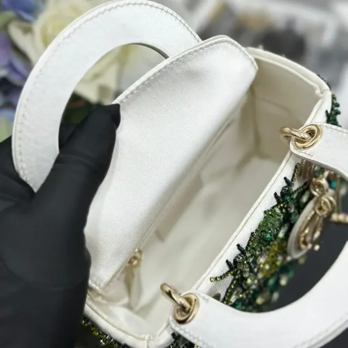 Dior Women Small Lady Dior Bag Metallic Calfskin and Satin with Celestial Green Bead Embroidery