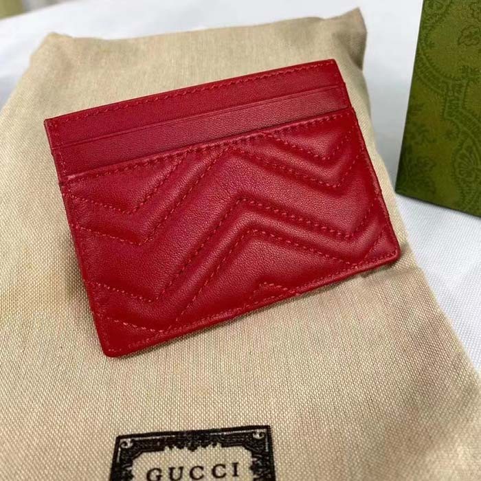 Gucci Unisex GG Marmont Matelassé Card Case Red Chevron Leather Double G