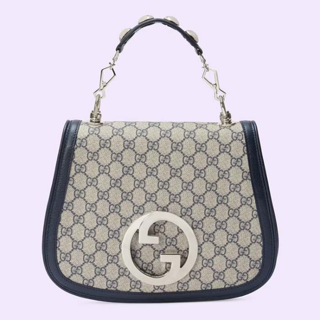 Gucci Women Blondie Medium Top Handle Bag Beige Blue Supreme Canvas