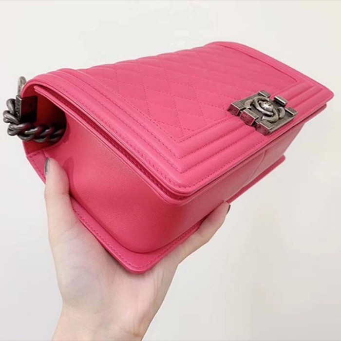 Chanel Women Leboy Flap Bag with Chain in Calfskin Leather-Rose