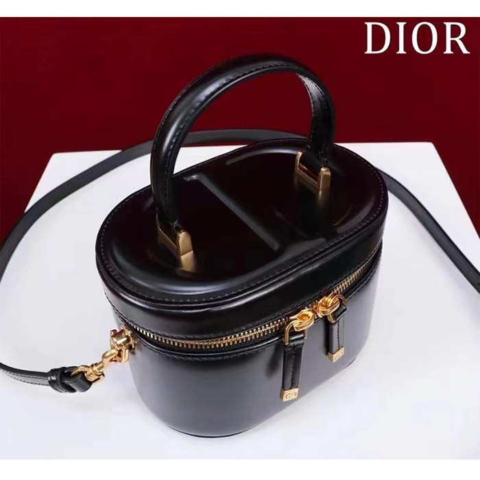 Dior Women Small CD Signature Vanity Case Black Calfskin Embossed Leather Handle