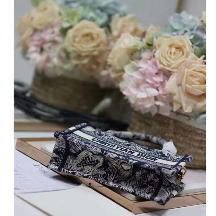 Dior Women Mini Dior Book Tote Strap Blue Toile De Jouy Reverse Embroidery