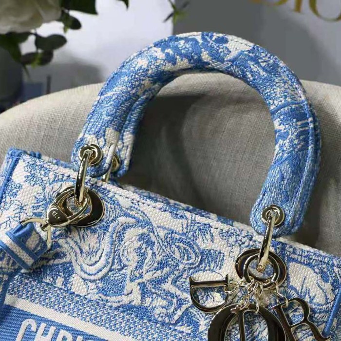 Dior Women Small Dior Book Tote Cornflower Blue Dior Oblique Embroidery